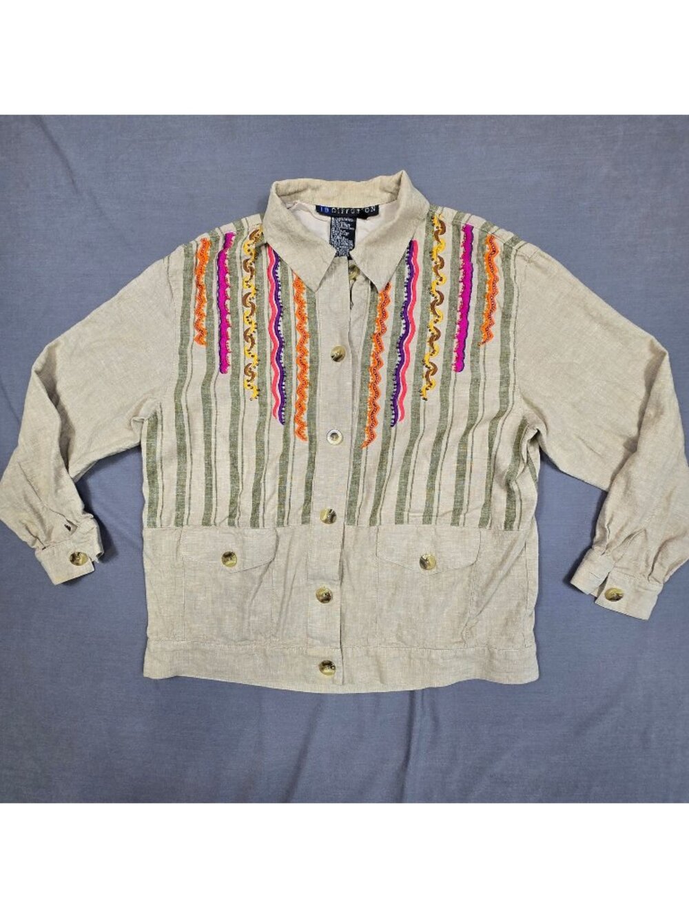 IB Diffusion Size 12 Beige Embroidered Button-Up Jacket Linen Blend Long Sleeve